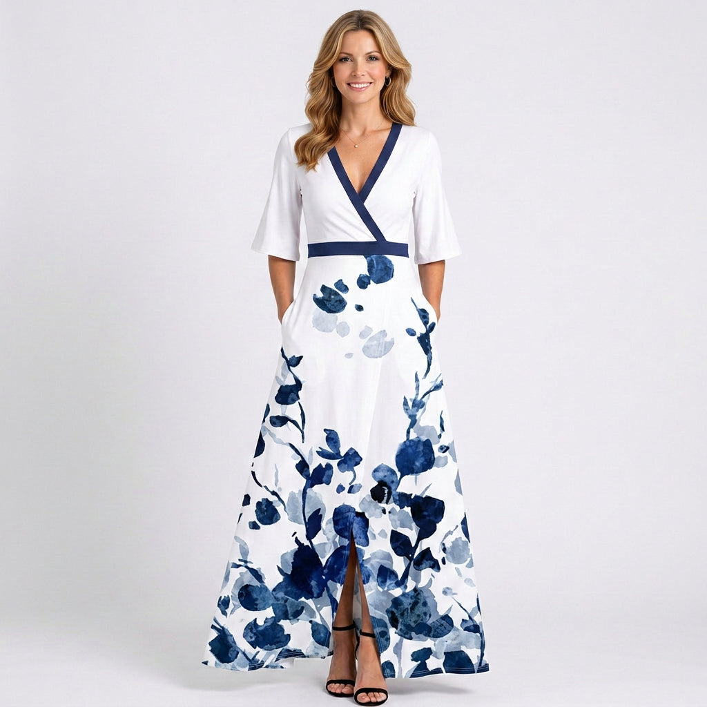 Embroidered Maxi Dress – V-Neck Short Sleeve Occasion Style