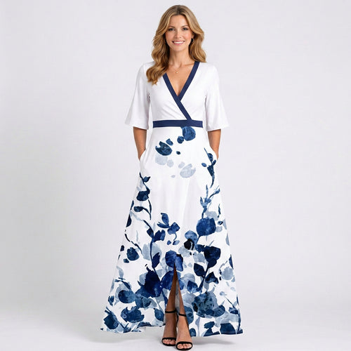 Embroidered Maxi Dress – V-Neck Short Sleeve Occasion Style