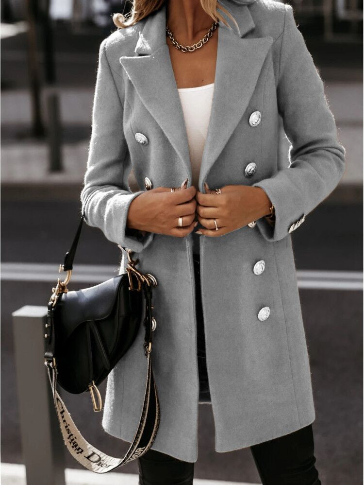 Women's long double-breasted notch lapel coat with metallic-look buttons