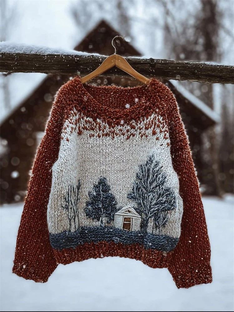 Women's color block sweater with cat motifs, distressed edges and stitched panel details