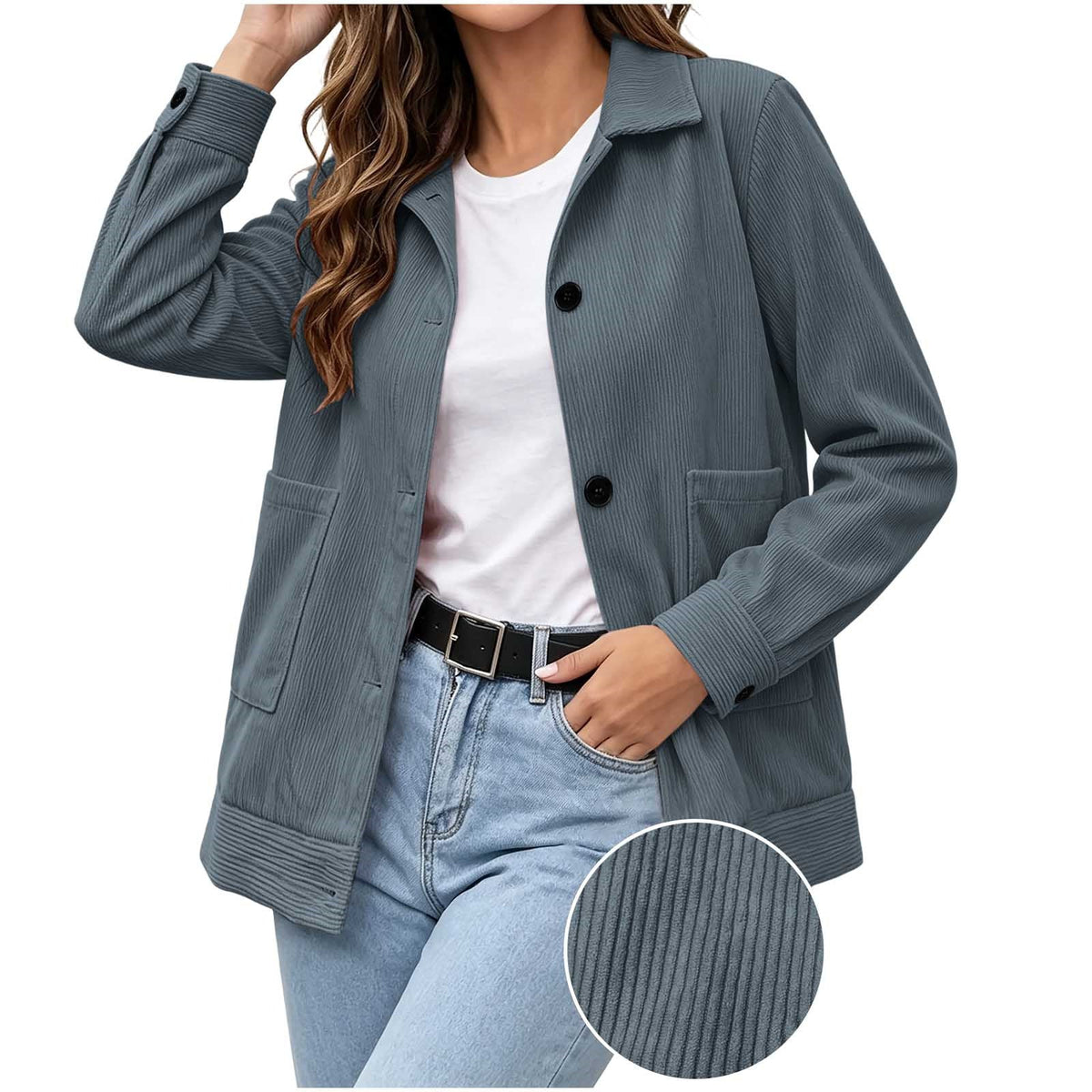 Women's Corduroy Button-Up Jacket with Patch Pockets