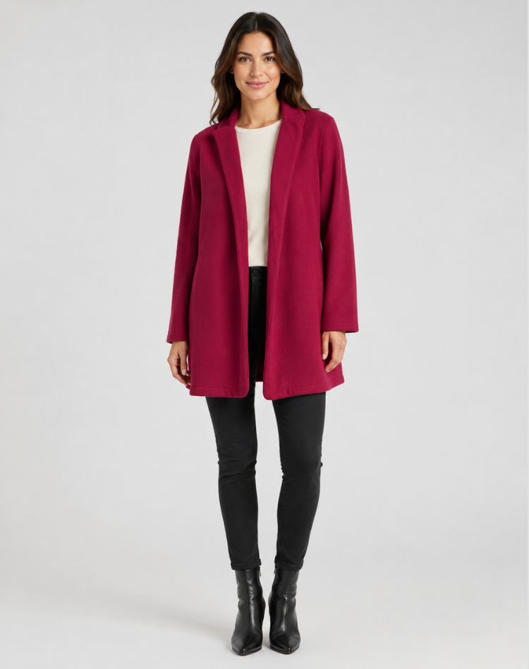 Women's open front swing coat with lapel collar and long sleeves