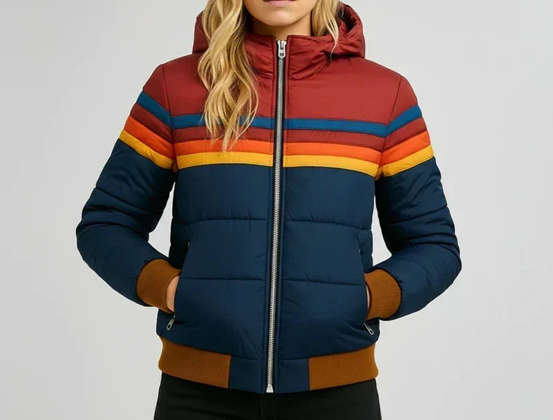 Women's striped colour block hooded puffer jacket with long sleeves and zip pockets