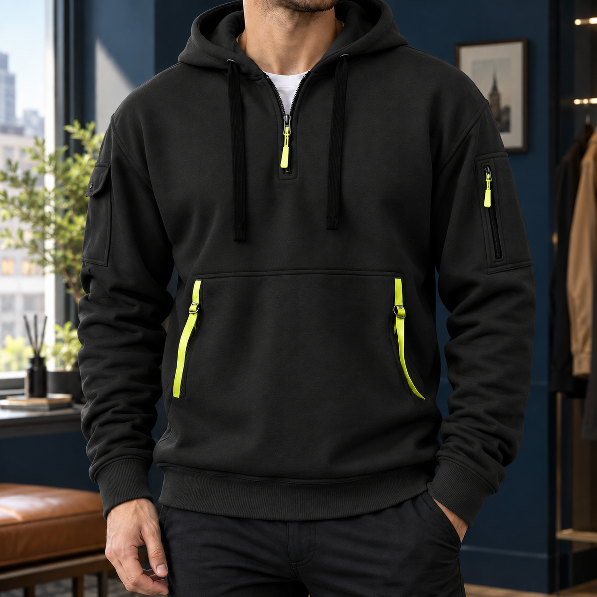 Men's Utility Half-Zip Hoodie with Pocket Detailing