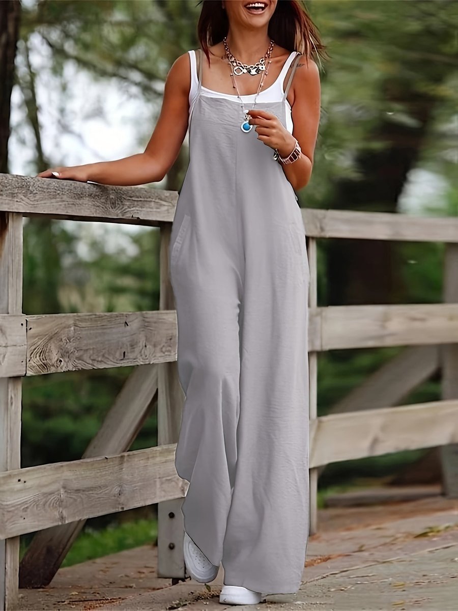 Linen Wide Leg Dungaree Jumpsuit with Pockets