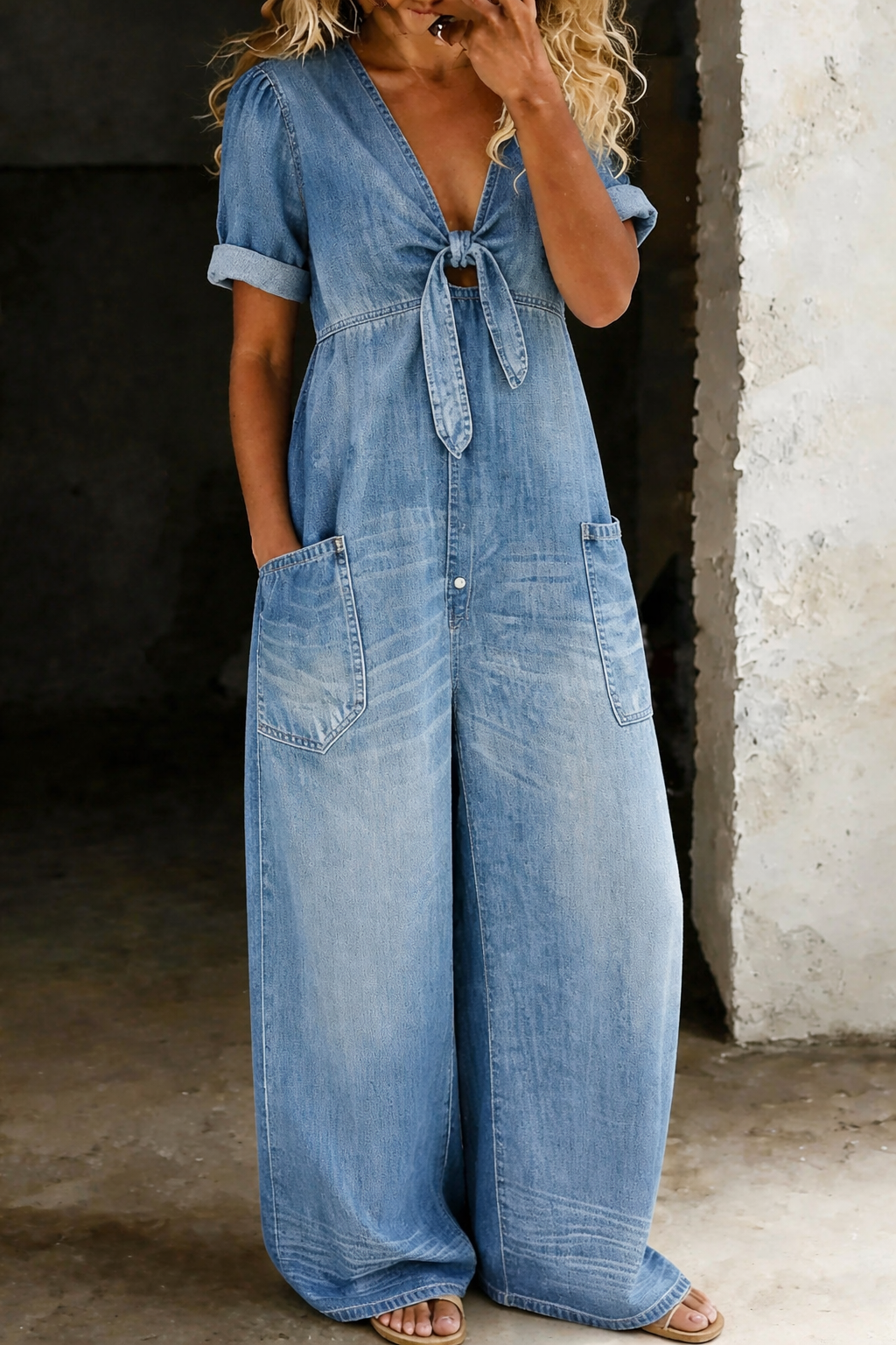 Combinaison en jean à jambes larges, nouée sur le devant, avec poches