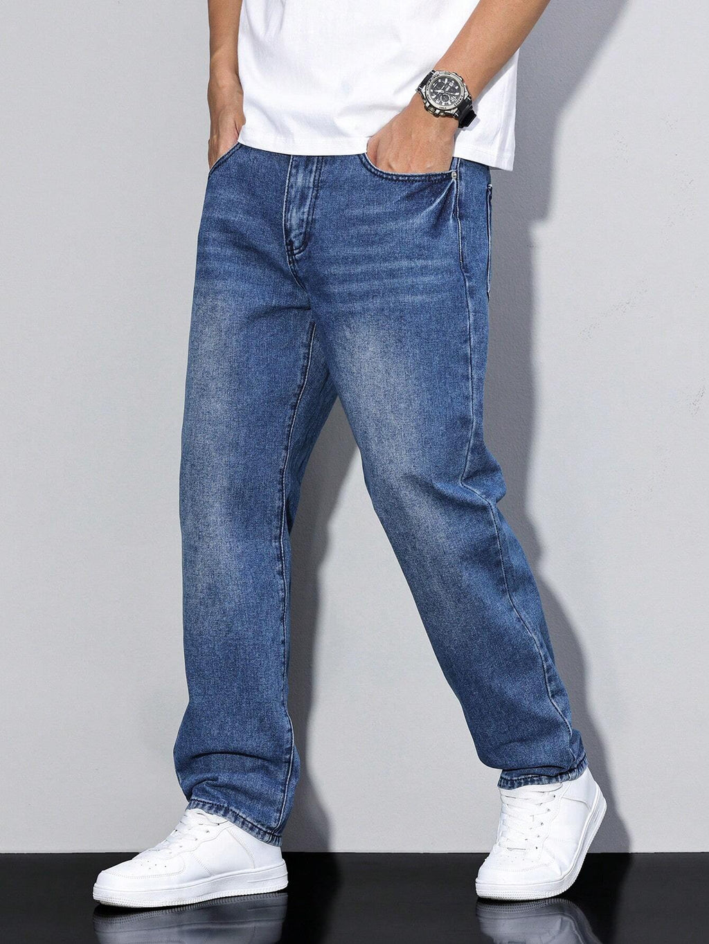 Relaxed Fit Straight Leg Jeans with Faded Wash
