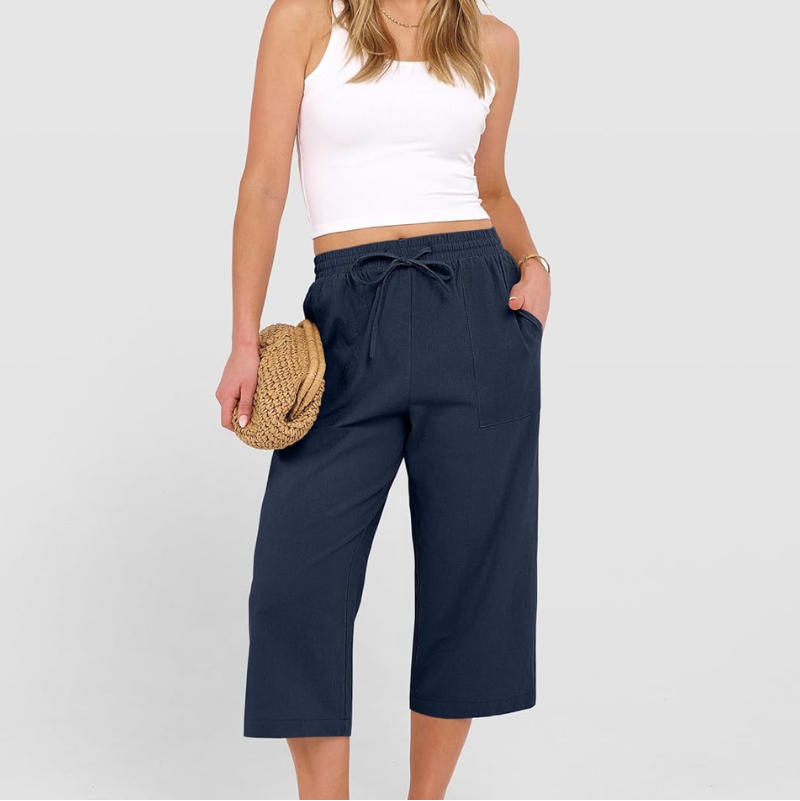 Wide Leg Cropped Linen Trousers with Drawstring Waist