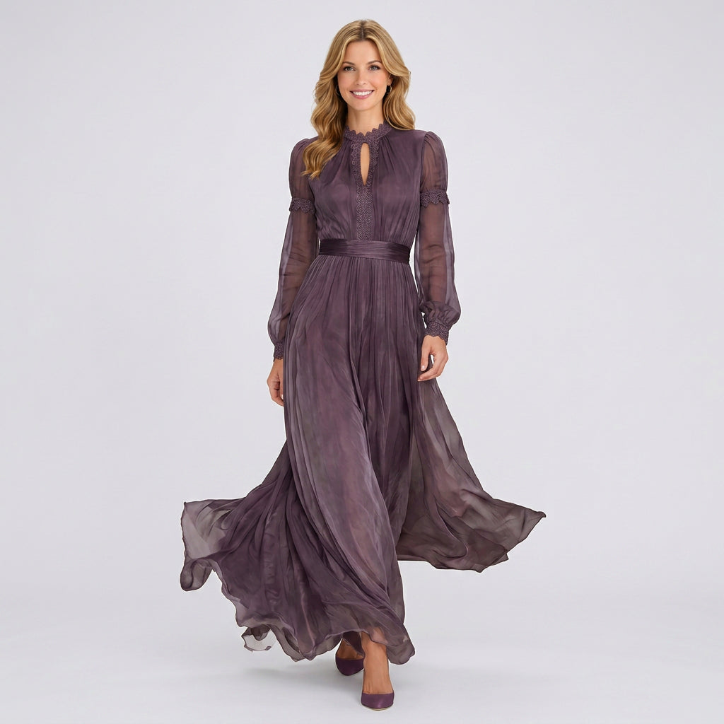 Maxi Dress – Sheer Sleeve Pleated Occasion Style
