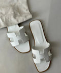 H-Cut Flat Slide Sandals with Contrast Stitching