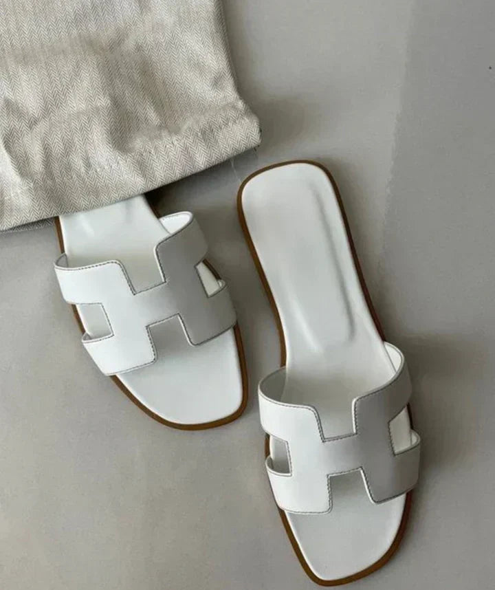 H-Cut Flat Slide Sandals with Contrast Stitching