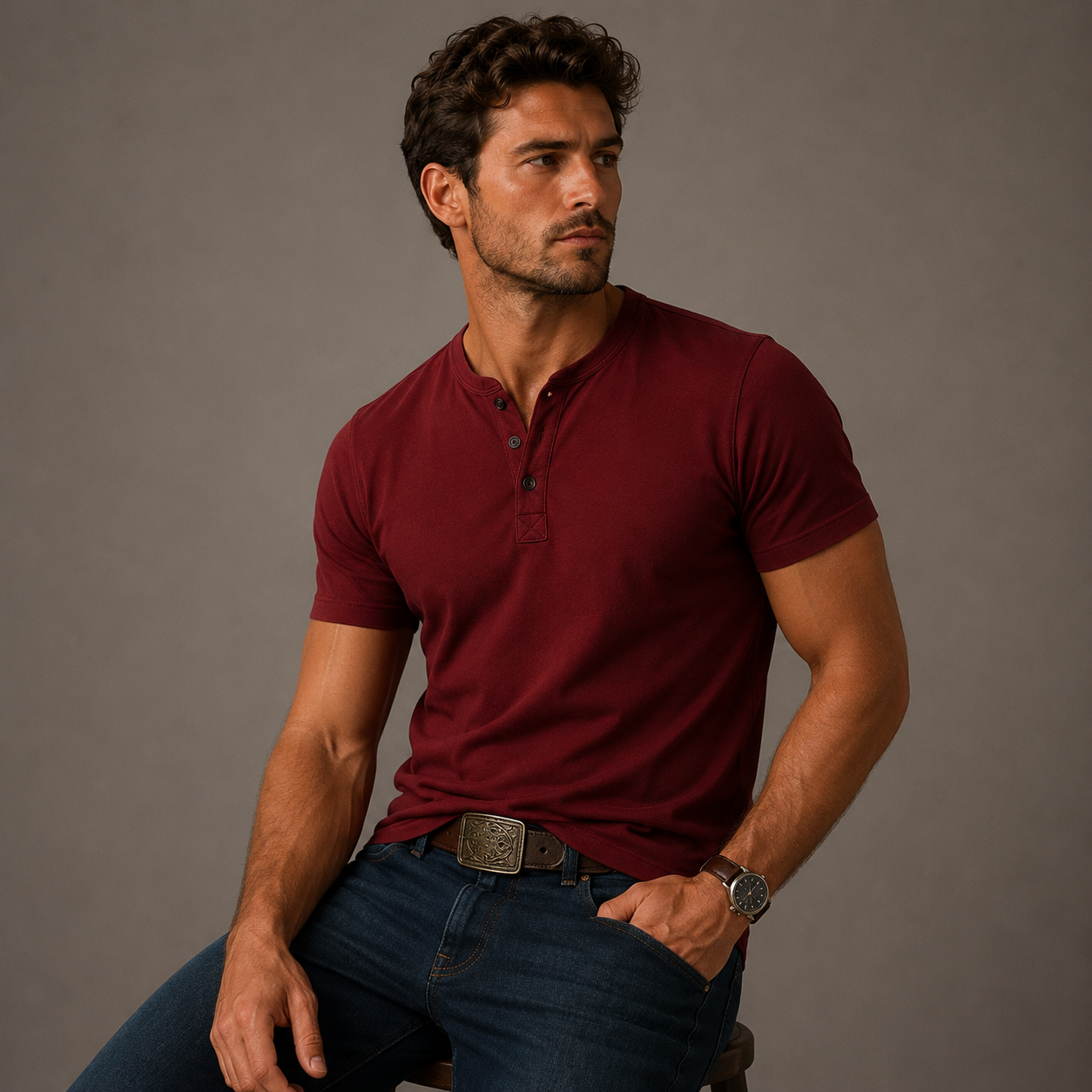 T-shirt Henley en coton à manches courtes