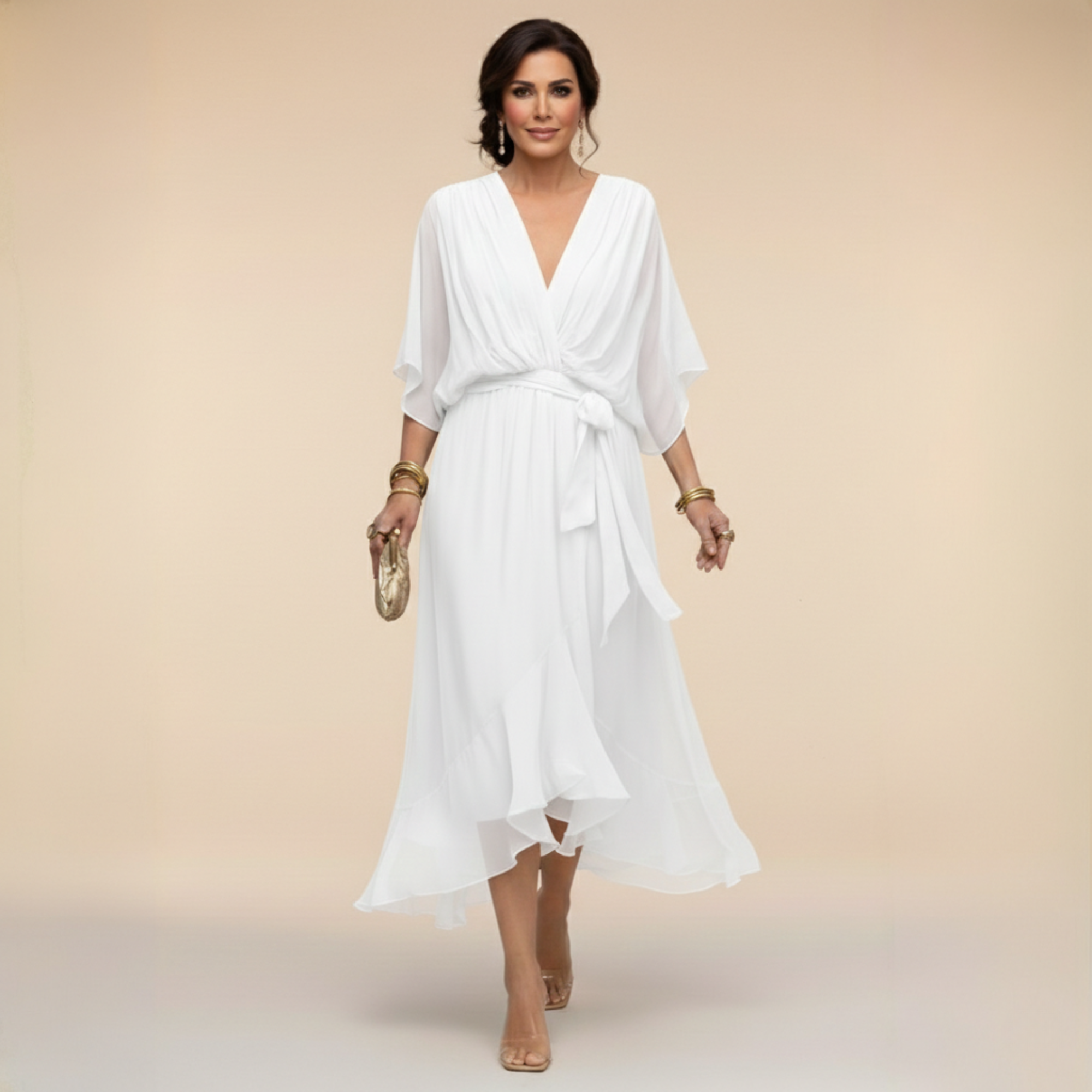 Robe midi portefeuille en mousseline à manches kimono