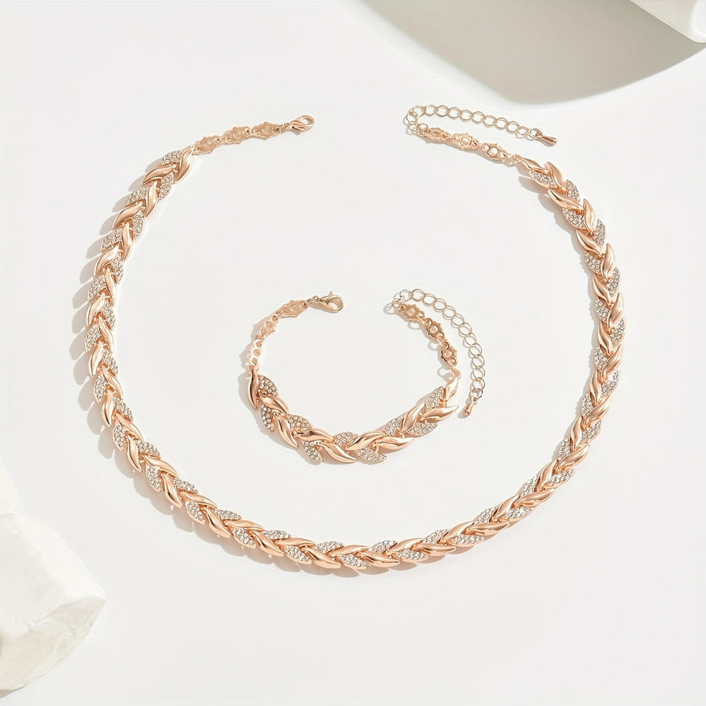 Ensemble collier et bracelet à maillons en forme de feuilles, doré rose, avec cristaux
