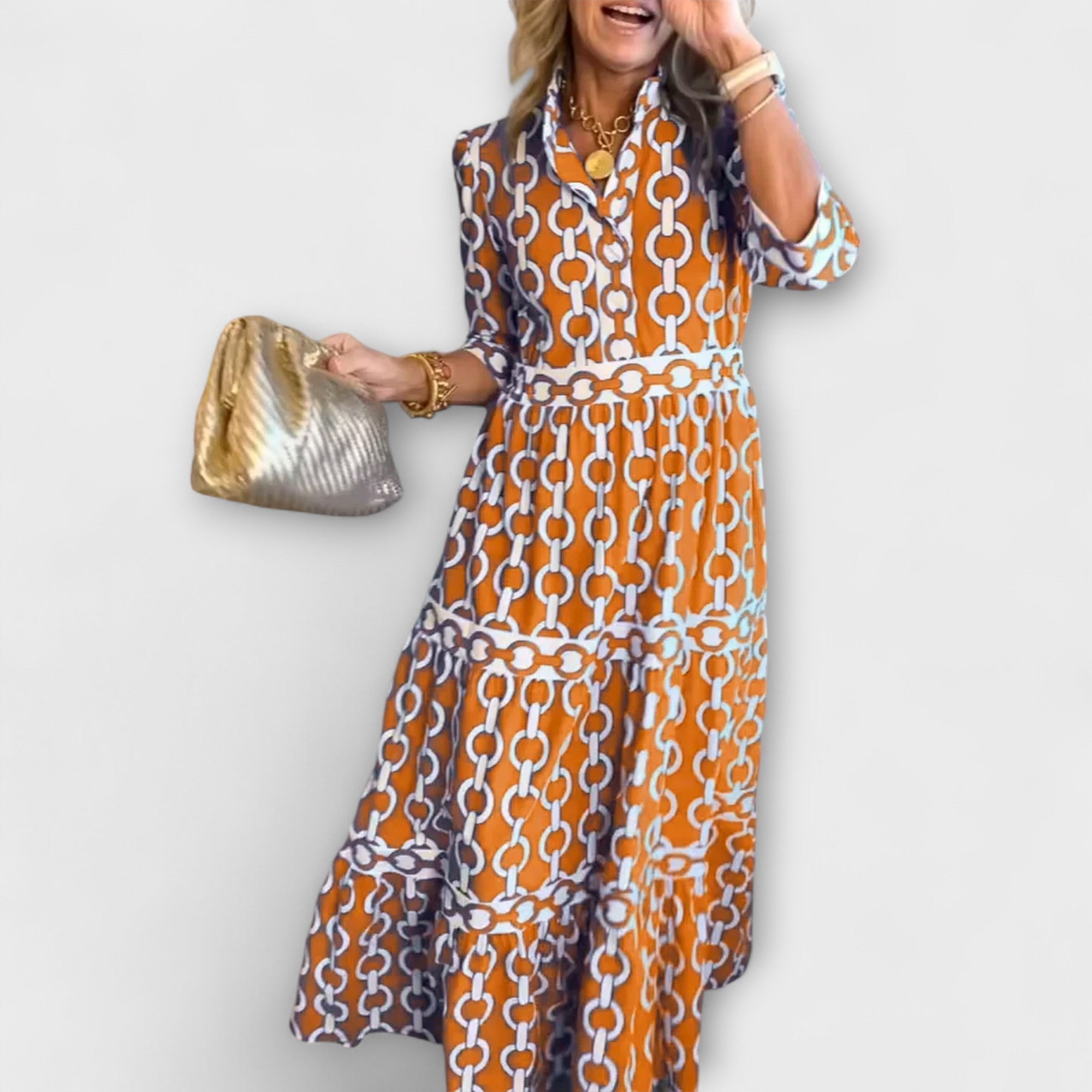 Chain Print Collared Tiered Midi Shirt Dress