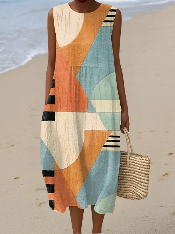 Robe midi sans manches à imprimé abstrait, avec poches latérales