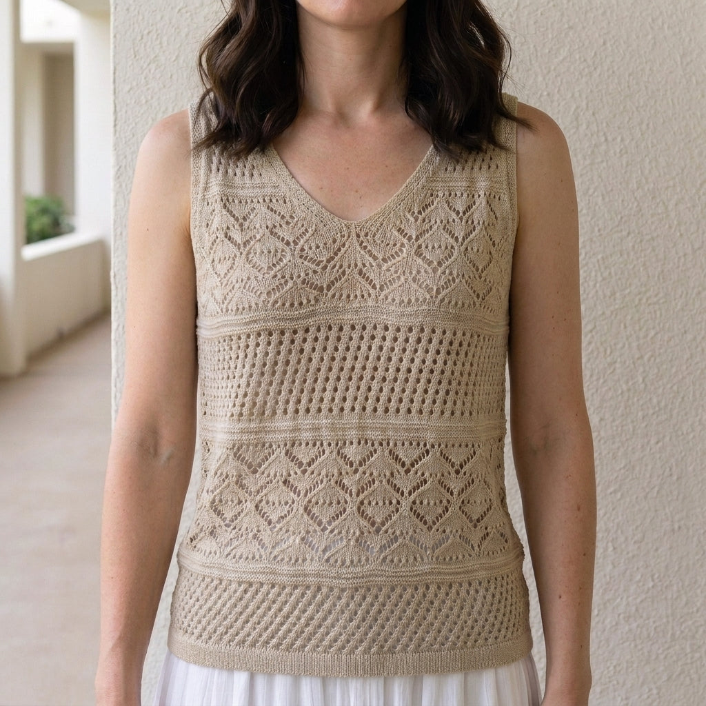 Crochet Knit Sleeveless Tank Top with V-Neck