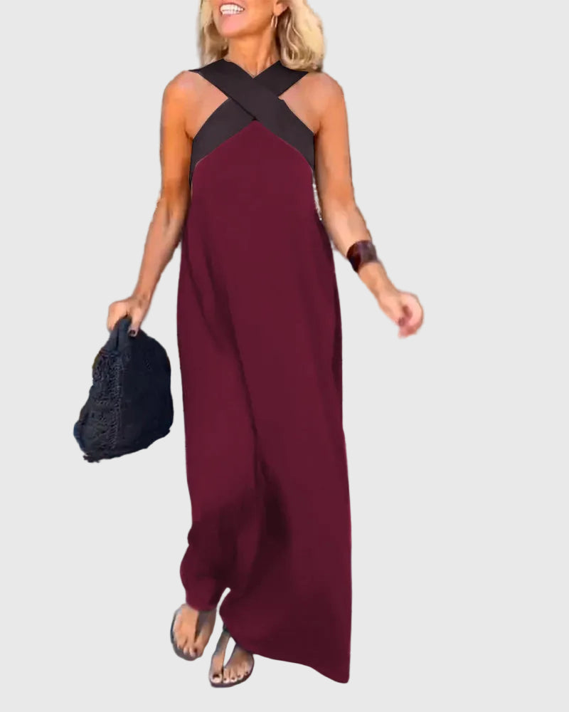 Criss Cross Halter Neck Contrast Maxi Dress