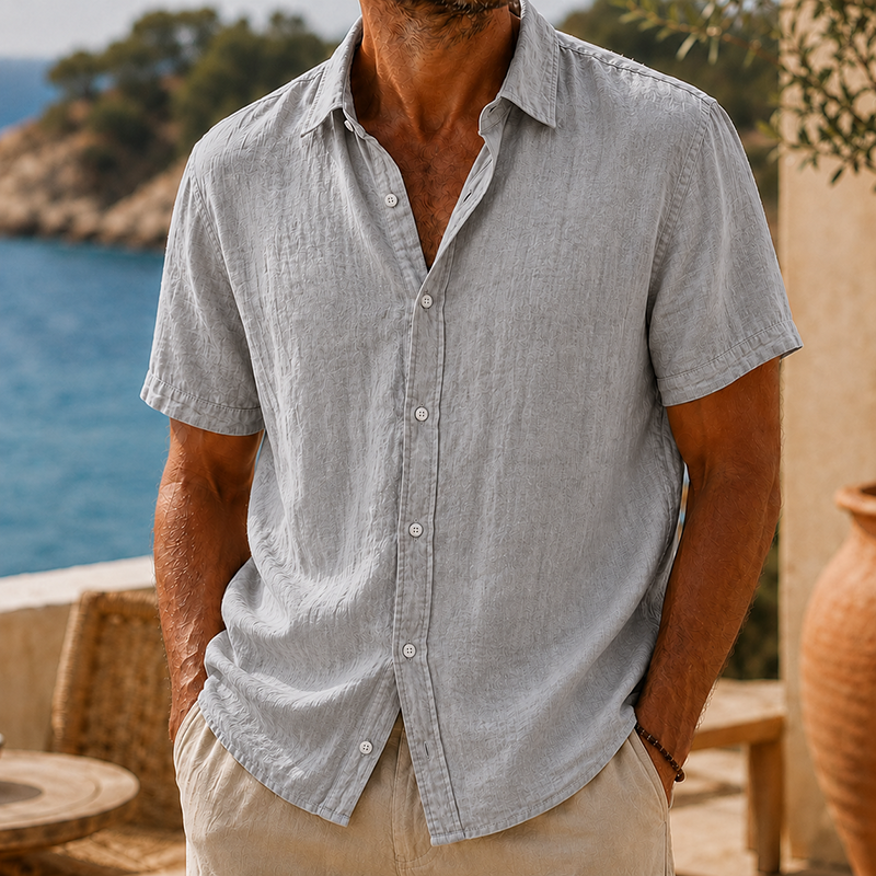 Short Sleeve Cotton Linen Shirt with Classic Collar