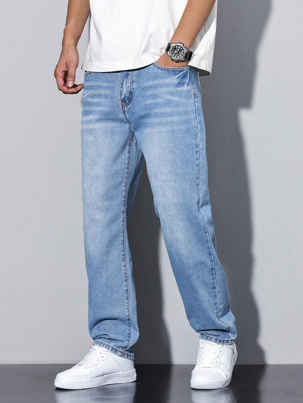 Relaxed Fit Straight Leg Jeans with Faded Wash