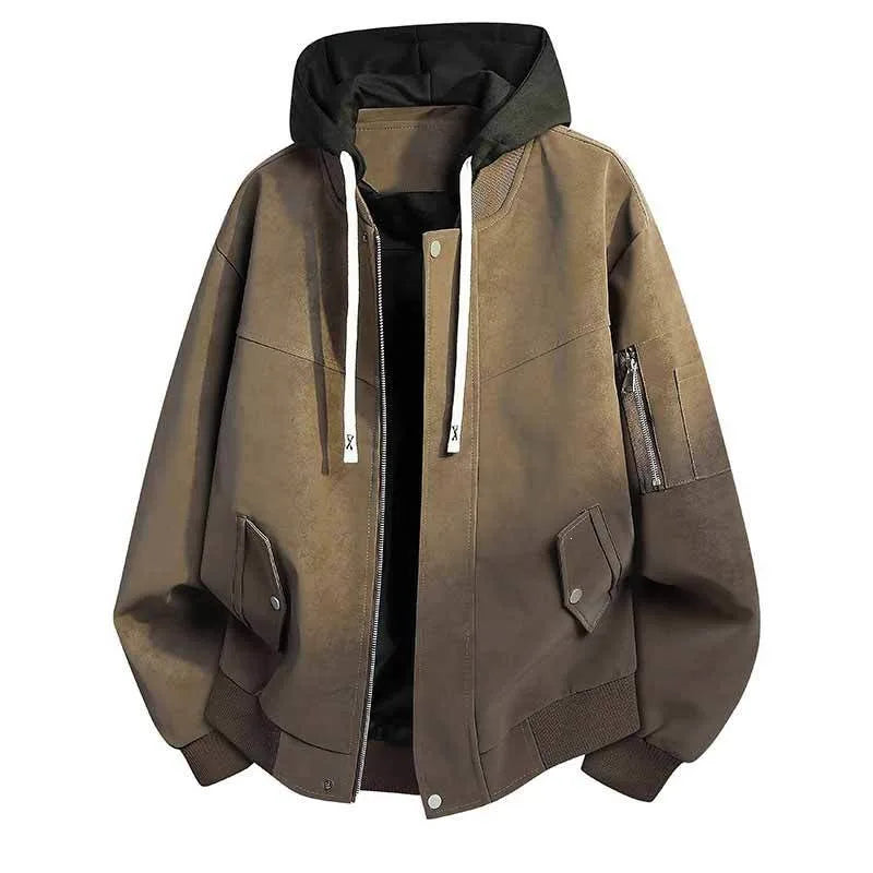 Men's Layered Hood Washed-Effect Bomber Jacket