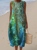 Abstract Print Sleeveless Midi Dress with Side Pockets