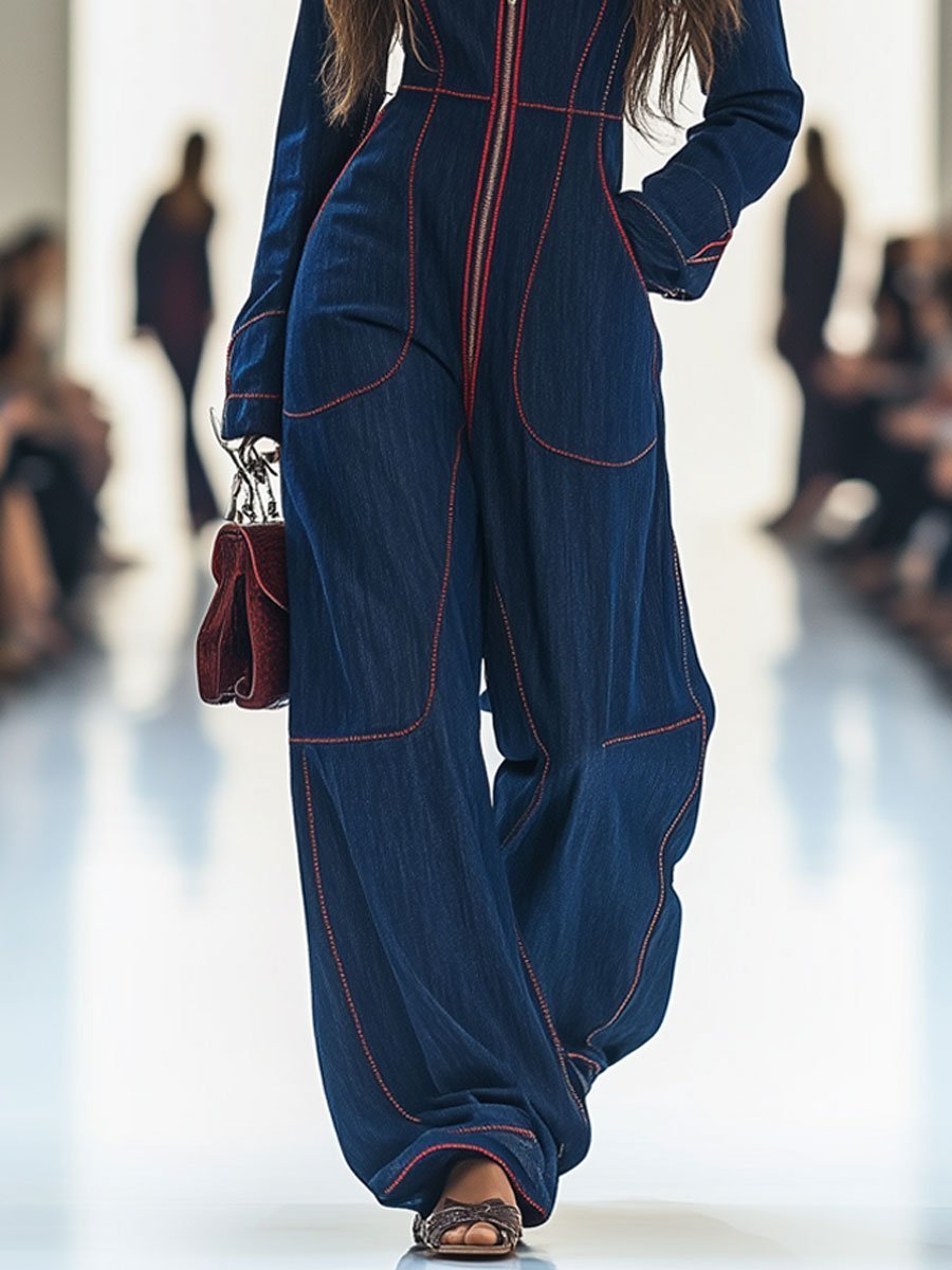 Denim Wide Leg Jumpsuit with Contrast Stitch Front Zip