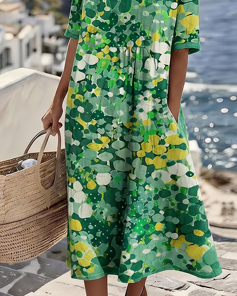 Abstract Floral Print Short Sleeve Midi Dress