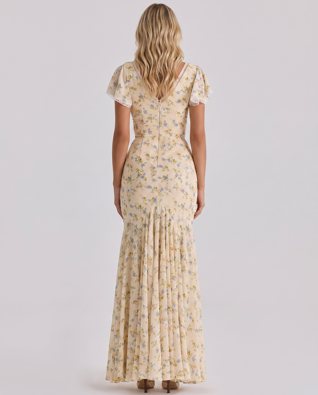 Floral Lace Trim Tie-Front Flutter Sleeve Maxi Dress