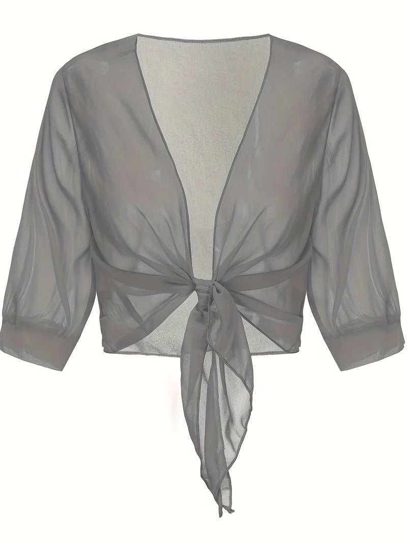 Sheer Tie-Front Cropped Chiffon Cardigan