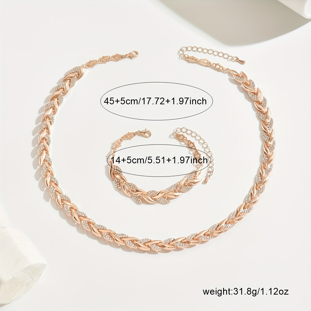 Ensemble collier et bracelet à maillons en forme de feuilles, doré rose, avec cristaux