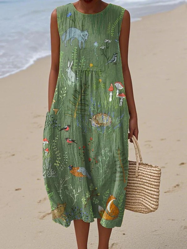 Robe midi sans manches à imprimé abstrait, avec poches latérales