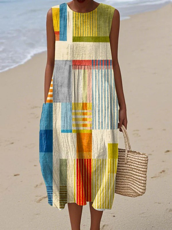 Robe midi sans manches à imprimé abstrait, avec poches latérales