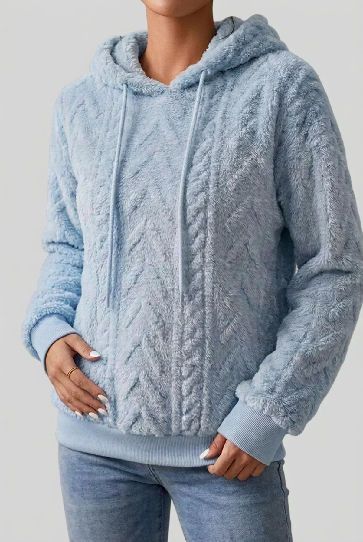 Women's textured hooded hoodie with drawstrings and ribbed cuffs