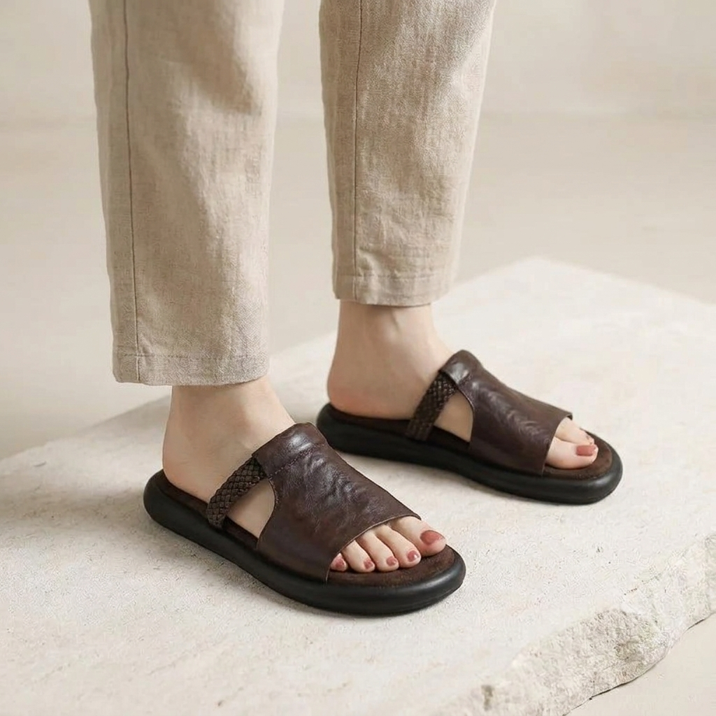 Women's Woven Strap Leather Slide Sandals