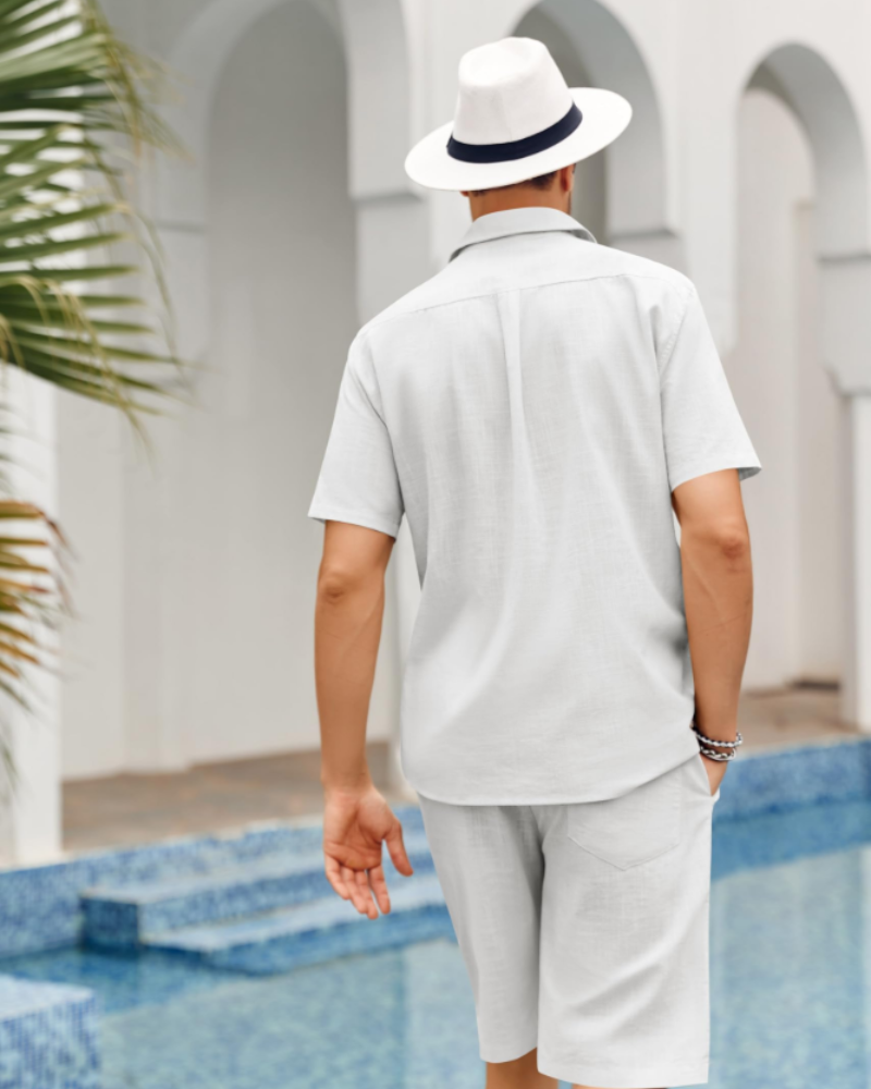 Linen Short Sleeve Shirt and Shorts Two Piece Set