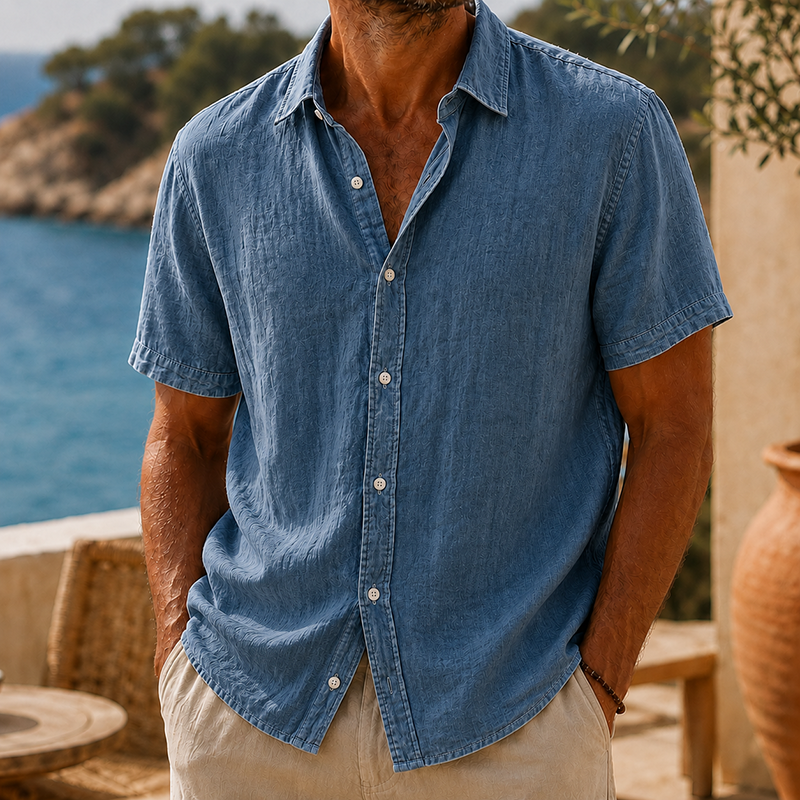 Short Sleeve Cotton Linen Shirt with Classic Collar