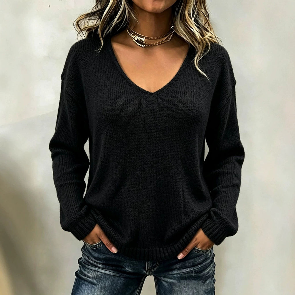 Women's Oversized V-Neck Knit Sweater with Ribbed Trim