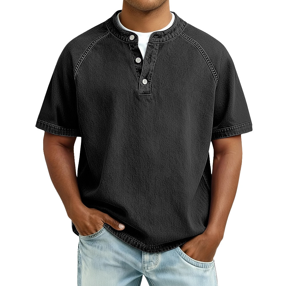 Oversized Washed Henley T-Shirt with Raglan Sleeves