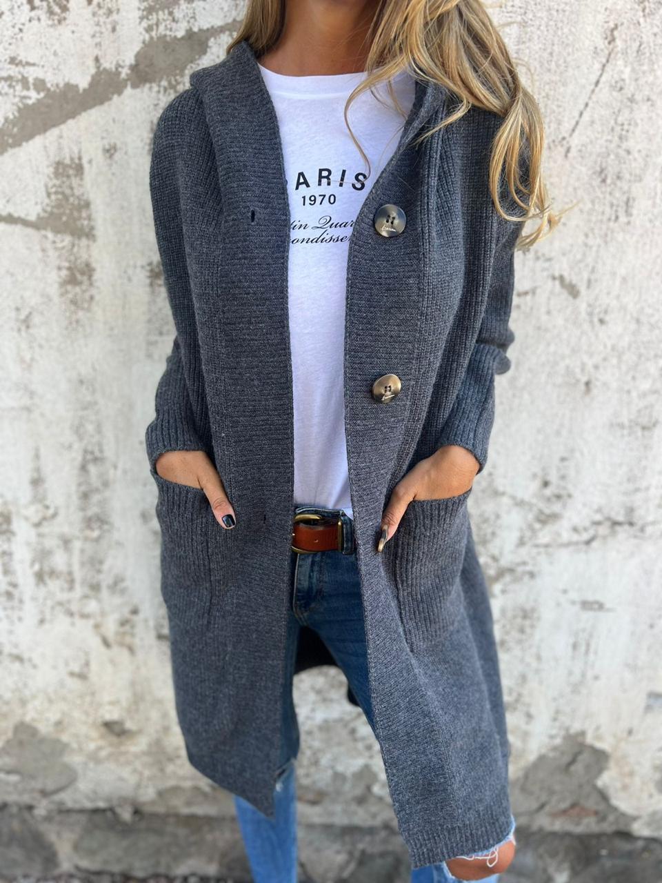 Hooded Ribbed Knit Longline Button-Up Cardigan