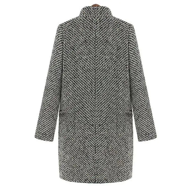 Women's black-and-white herringbone longline coat with notch lapel and long sleeves