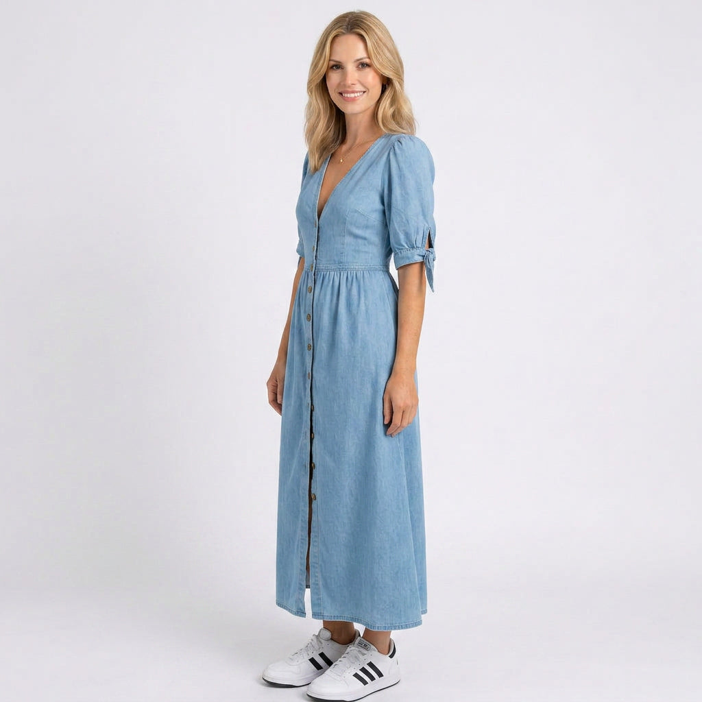 Maxi Dress – Button Front Tie Sleeve Casual Style