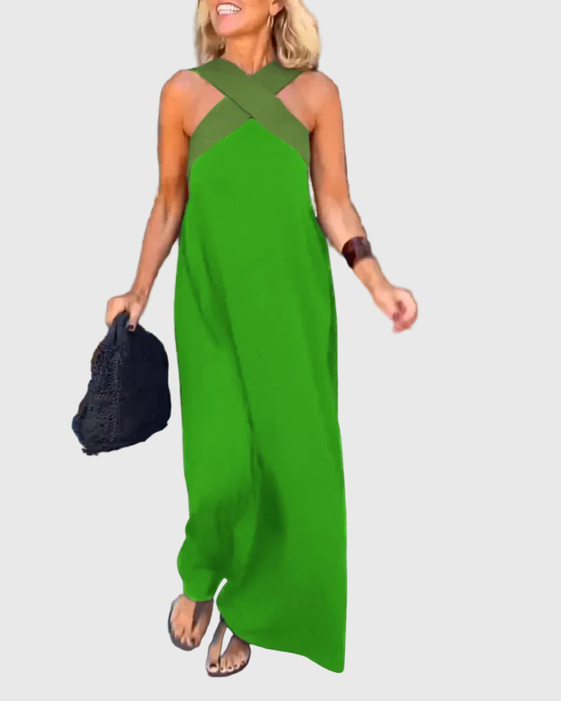 Criss Cross Halter Neck Contrast Maxi Dress