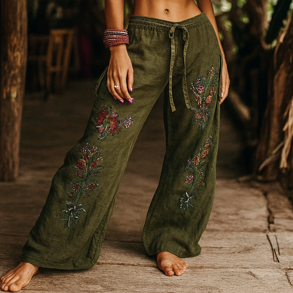 Boho Embroidered Wide Leg Palazzo Trousers