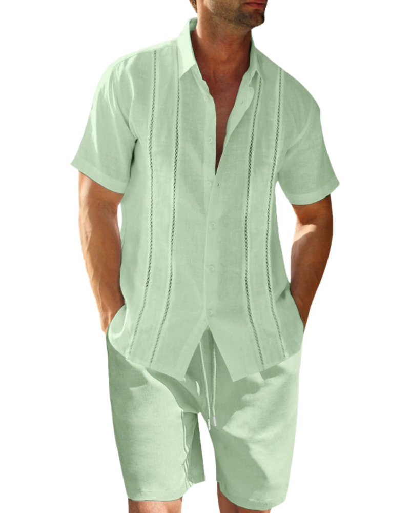 Linen Short Sleeve Shirt and Shorts Two Piece Set