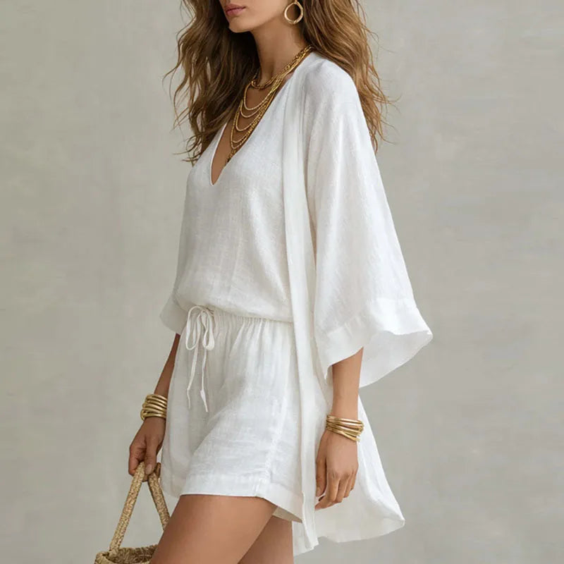 Linen Blend V-Neck Top and Drawstring Shorts Set