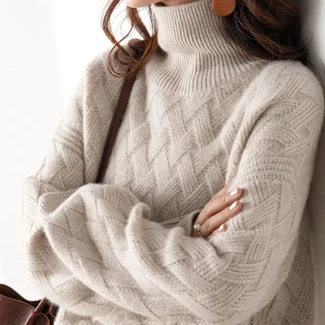 Women's Oversized Turtleneck Cable Knit Sweater