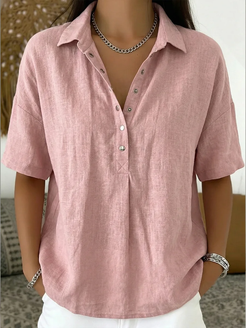 Linen Blend Collared Popover Shirt with Snap Buttons