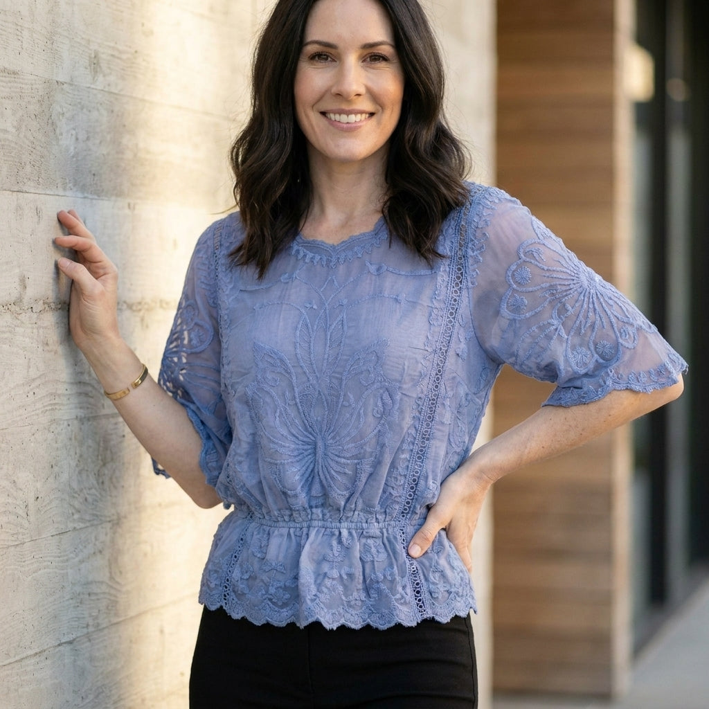 Embroidered Lace Peplum Top with Scalloped Hem