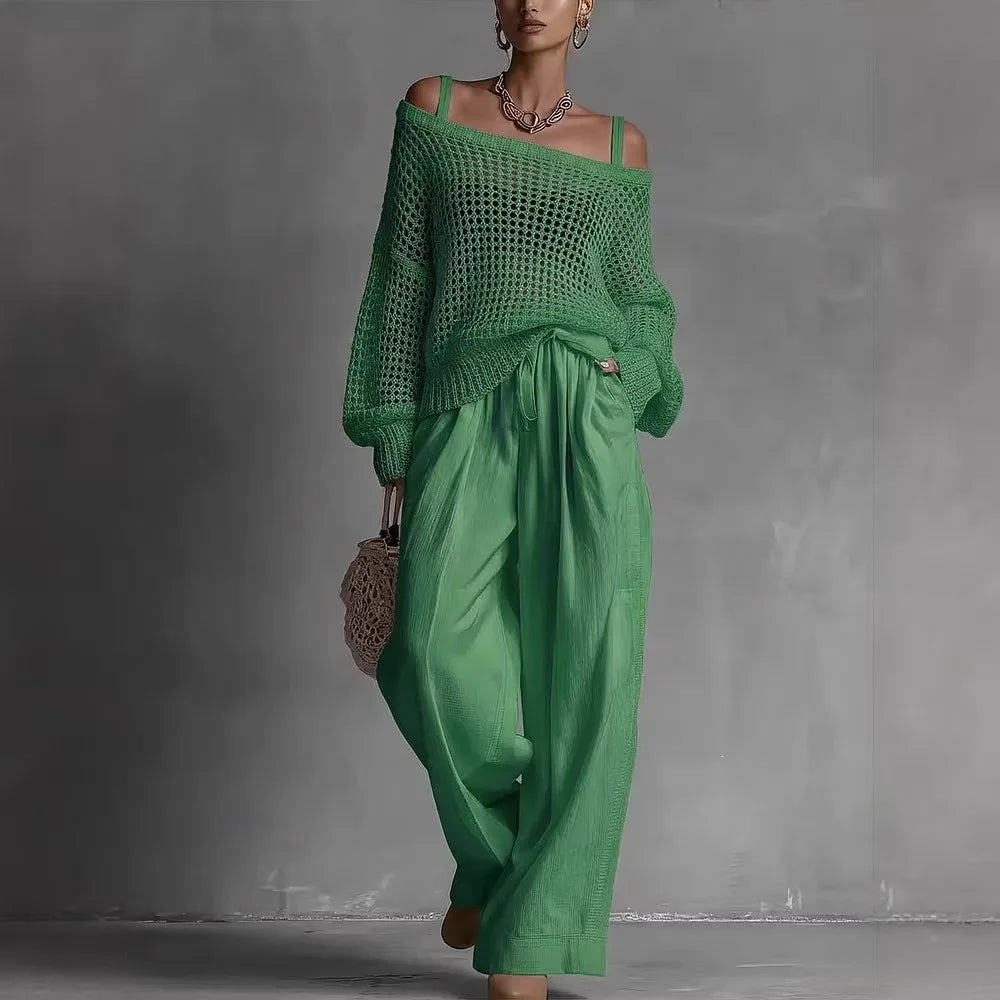 Off-Shoulder Crochet Knit Top and Wide Leg Trouser Set